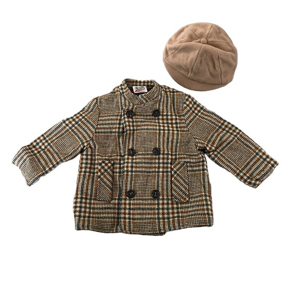 Rare Vintage Bonwit Teller Millbrook Boys 2T/3T Wool Mixed Pattern Coat with Hat